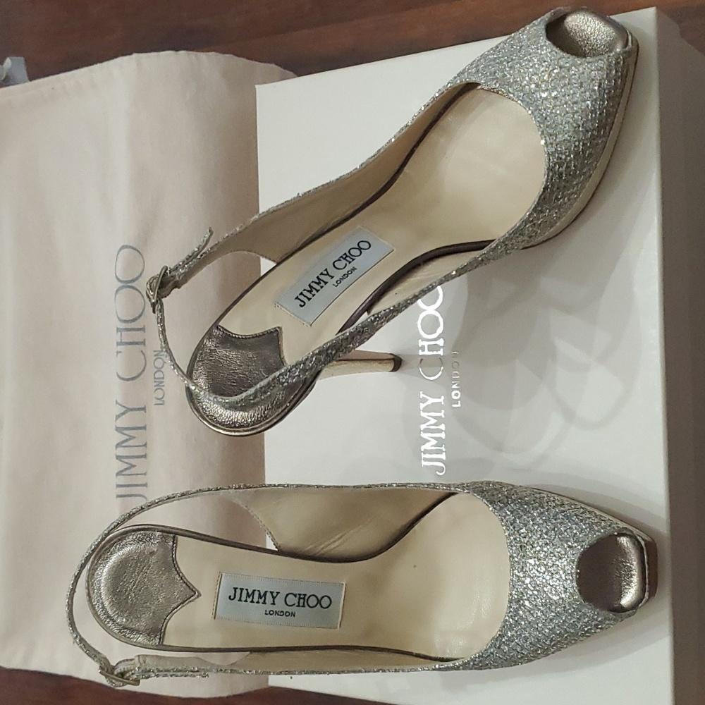 NEW Jimmy Choo Clue Champagne Glitter Heels - 37.5